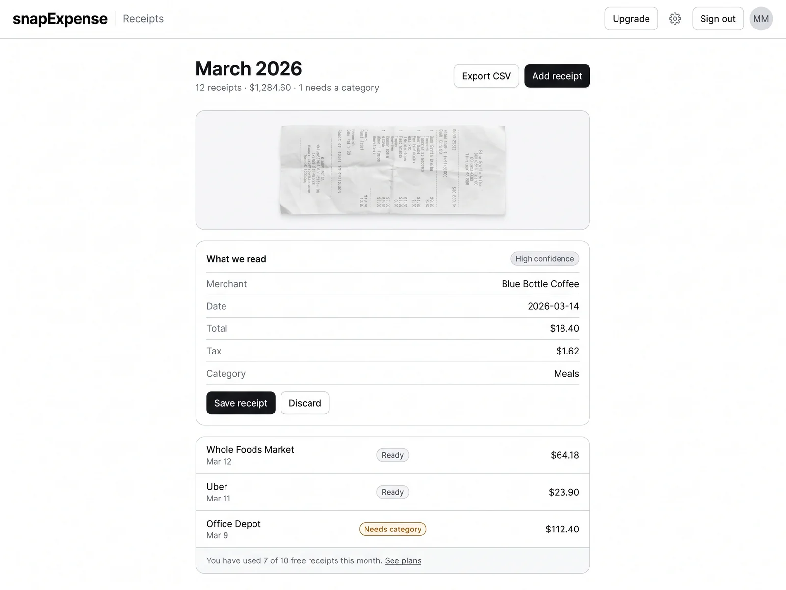 The snapExpense inbox for March 2026, with a photographed receipt open above the merchant, date, total and tax read off it, and earlier receipts listed underneath.